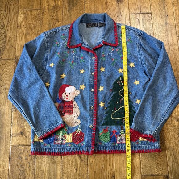 New Direction VTG Christmas Embroidered Denim Jacket Y2K Cottagecore Plus Sz 1X - Picture 3 of 5